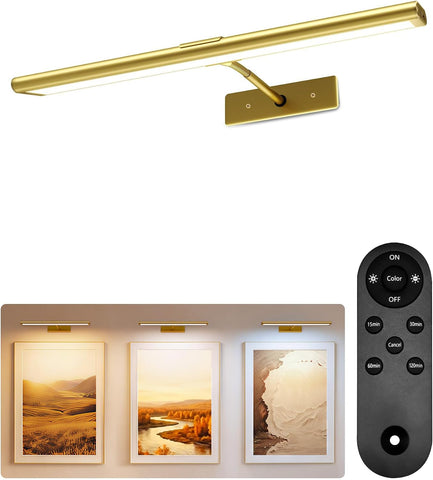 EZVALO Picture Light for Wall, 4800mAh Rechargeable Wireless Remote, 16‘’ Dimmable Magnetic LED Art Display Light with 3 Color Temperatures, for Gallery, Living Room, Bedroom, Hallway (Gold)