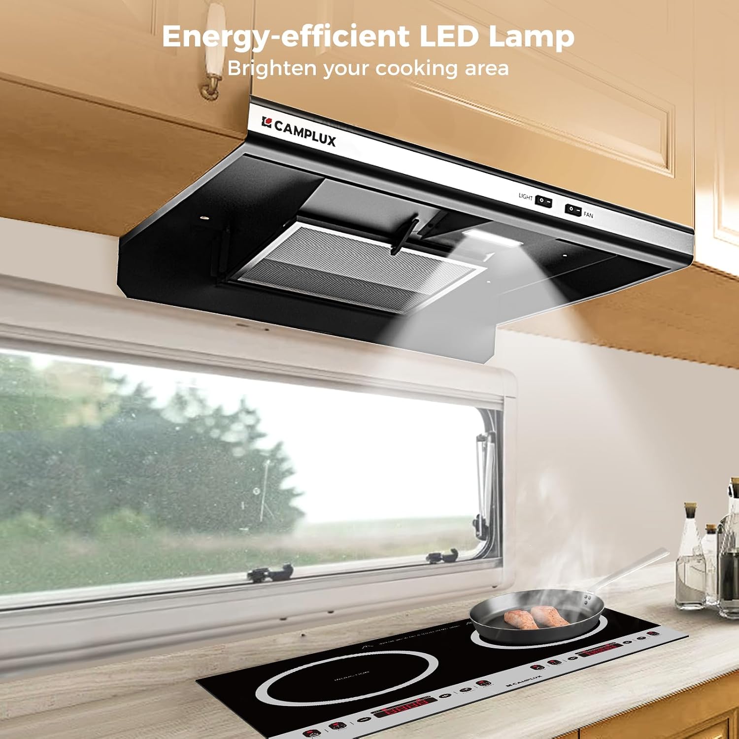 CAMPLUX RV Range Hood 22-Inch, 12VDC Ducted Range Hood, Quiet 51 dB