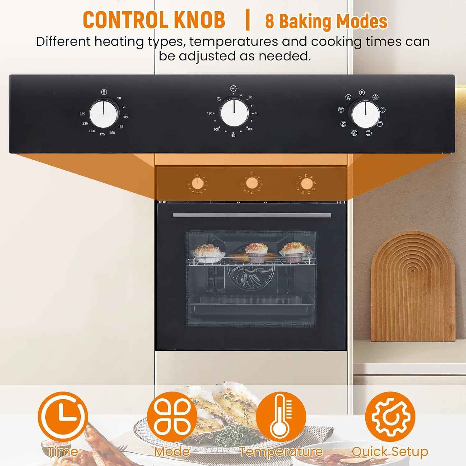 24" Electric Single Wall Oven - Food-grade Enamel Cavity, 8 Cooking Functions, 3000W 3D Convection Heat, 2.3 Cu.Ft Stainless Steel with Stepless Temp Control & Touch Control (Black)