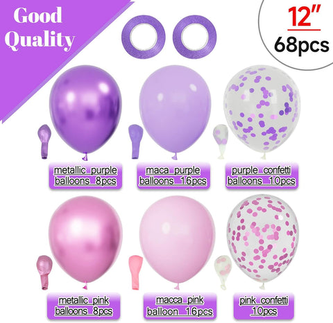 68Pcs Pink and Purple Balloons 12 Inch Metallic Purple Pink Latex Balloon Confetti ballons with Ribbons Party Balloons for Wedding Girls Birthday Baby Shower Decorations.