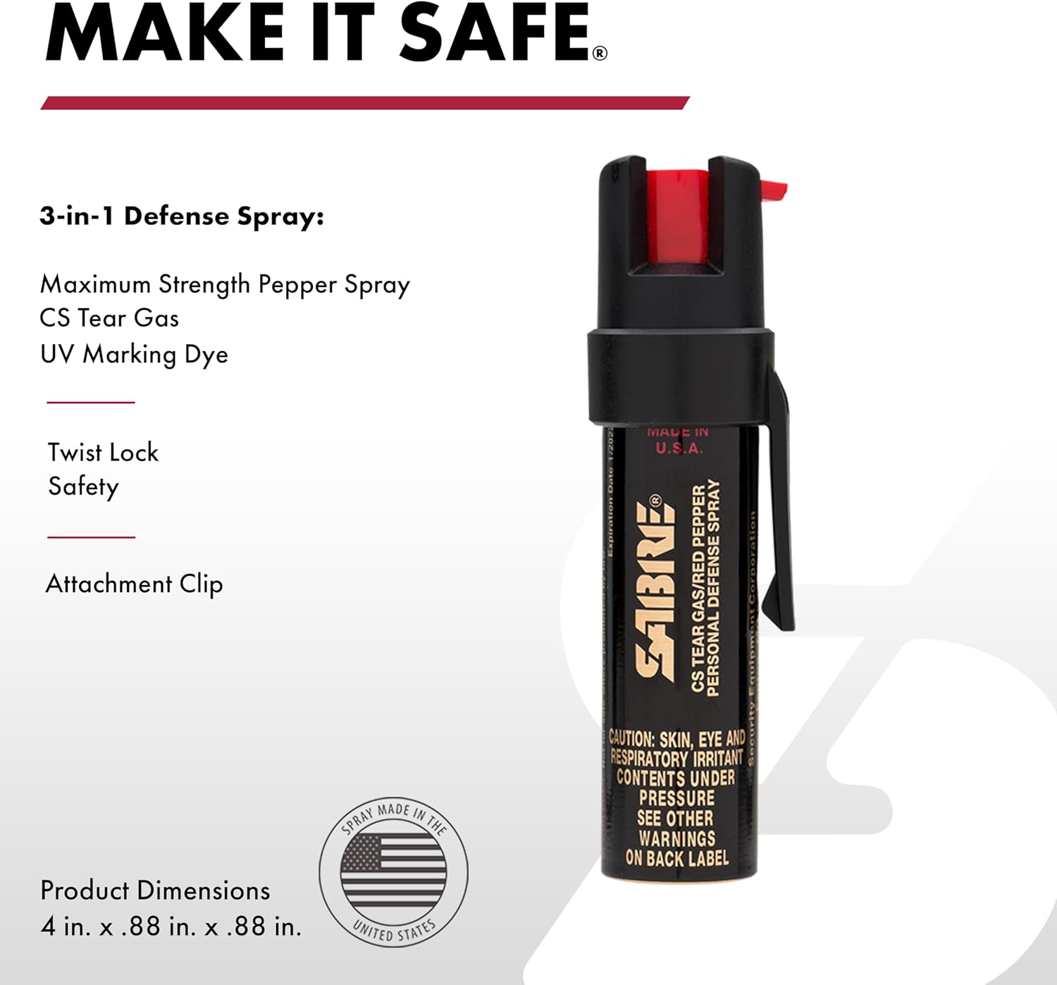 Sabre Compact 3‑in‑1 Pepper Spray, Tear Gas & UV Marking Dye Defense Spray - Maximum Police Strength OC Spray, Up to 16-ft Range, 13 Second Spray Time, Twist Lock Safety with Belt Clip, 0.75 fl oz