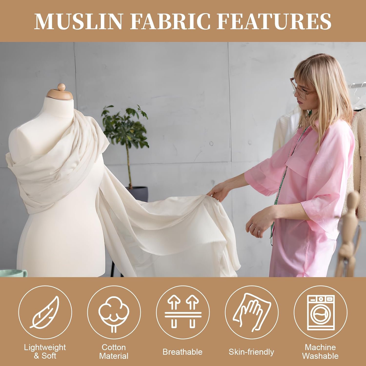 100% Cotton Muslin Fabric, 63 Inch X 5 Yards Unbleached Fabric by The Yard