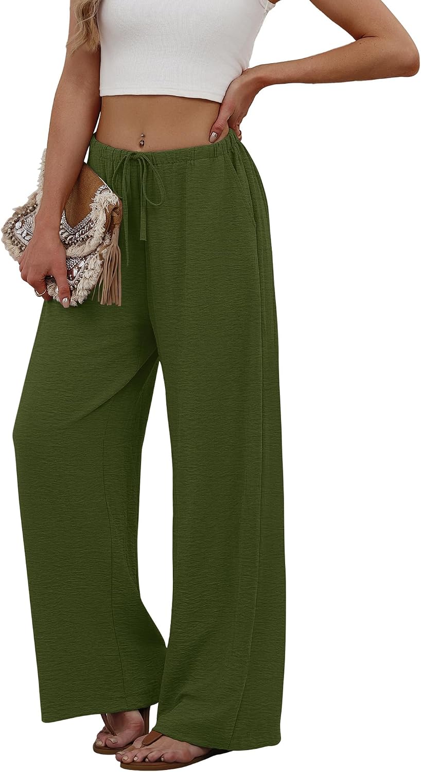 Sampeel Wide Leg Pants for Women Flowy Palazzo Drawstring Elastic Waist Trousers with Pockets Summer Beach Vacation Clothes