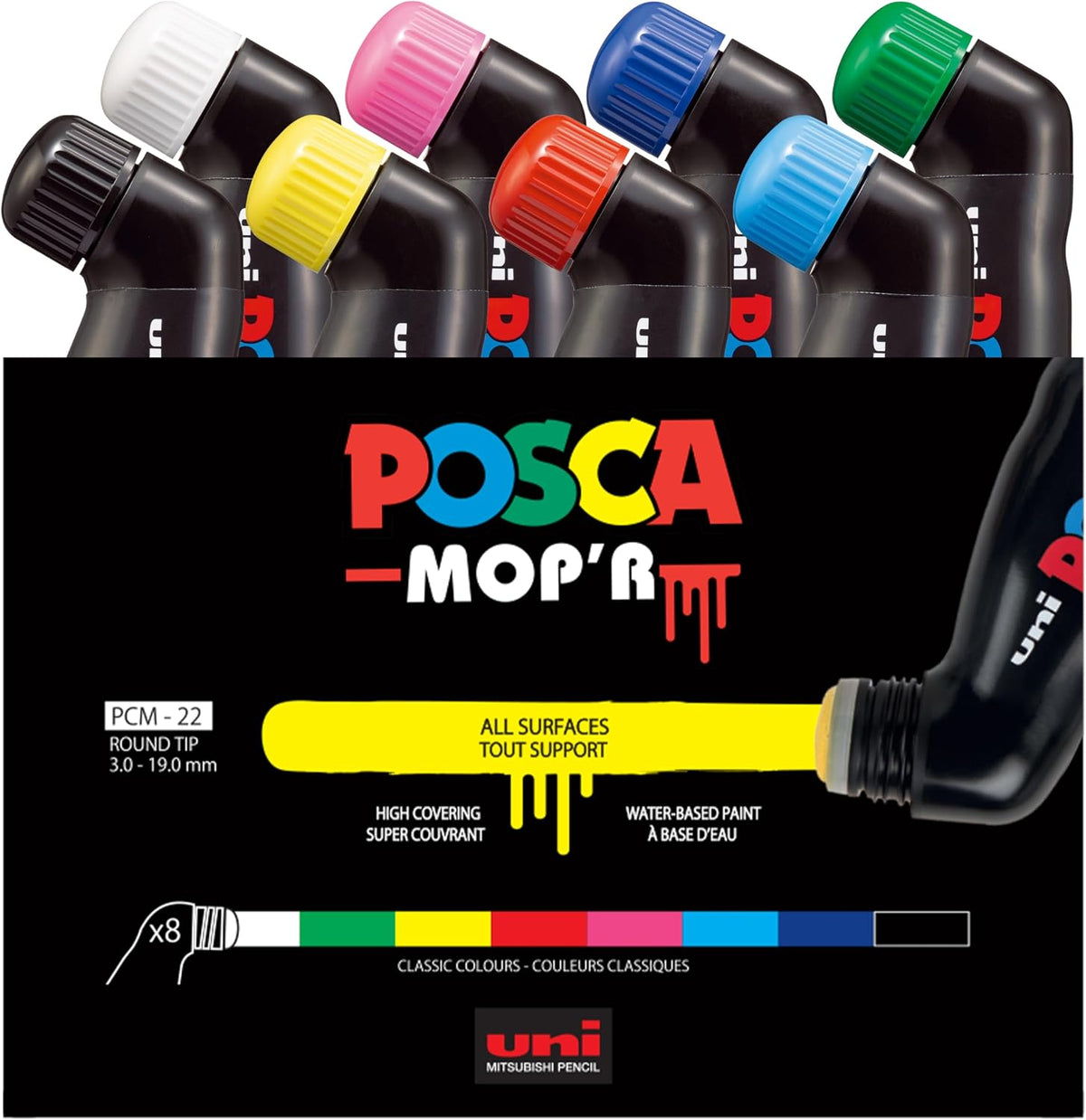 POSCA® MOP'R PCM-22 Paint Markers, Round Tip (3.0-19.0mm), Assorted, 8 Pack