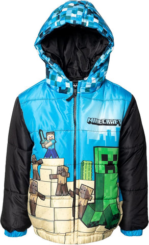 Minecraft Boys' Zip-Up Hooded Puffer Coat Little Kid to Big Kid