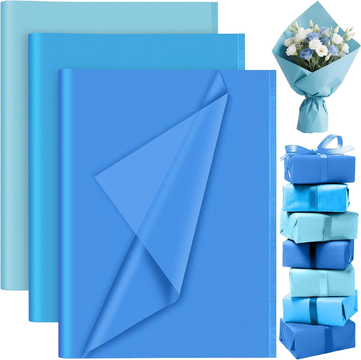 PLULON 60 Sheets Light Blue Tissue Paper for Gift Bag Flower Wrapping Paper