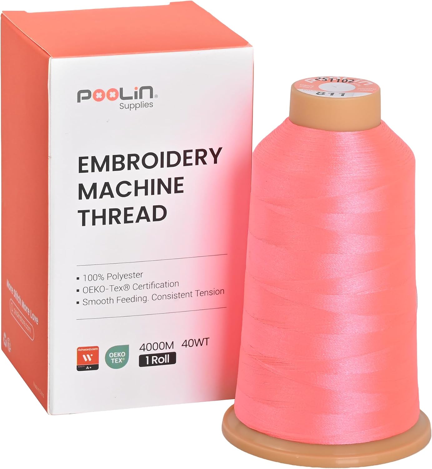 Poolin Polyester Machine Embroidery Thread 4000M 40WT Bright Coral 0811
