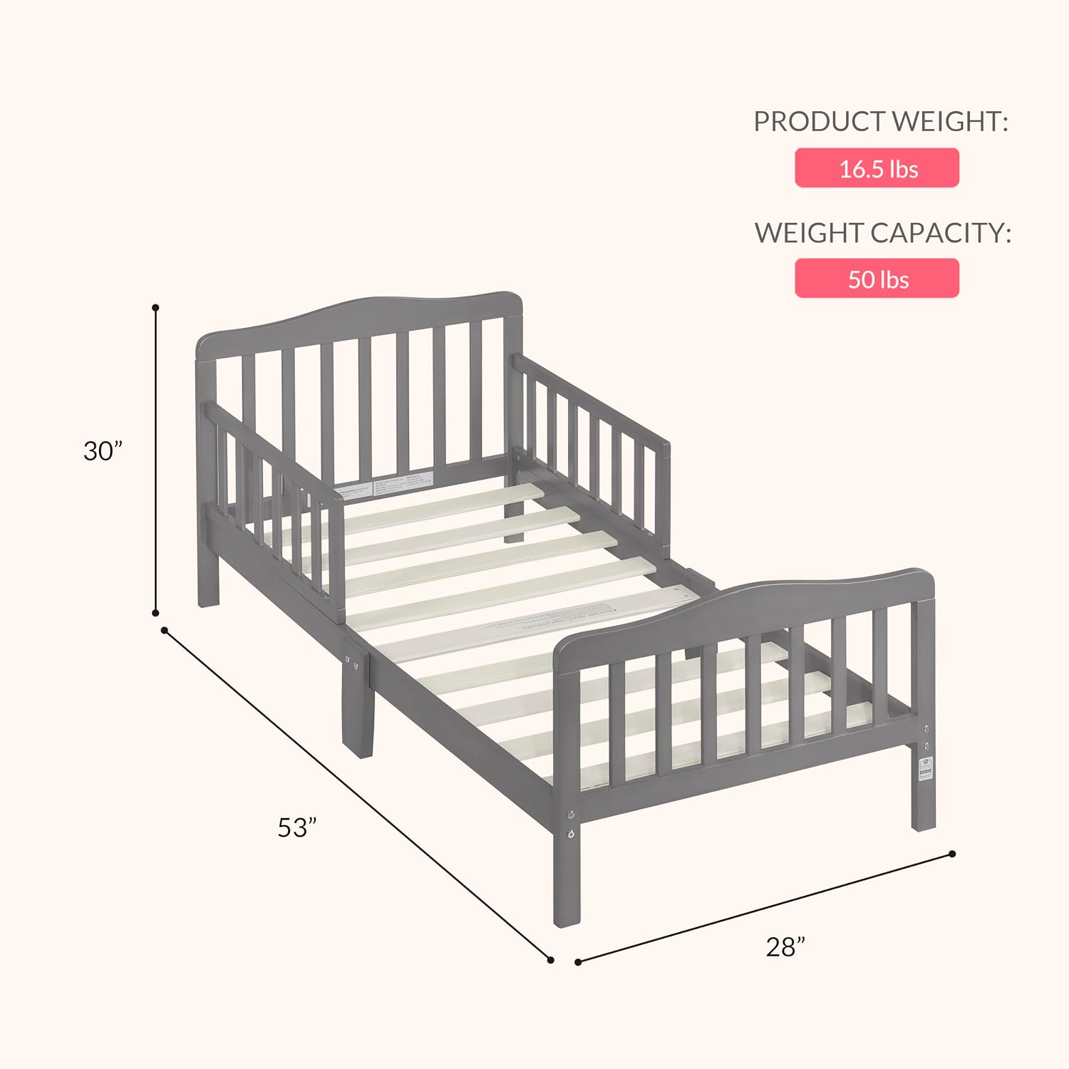 Dream On Me Classic Design Toddler Bed, GREENGUARD Gold, Steel Grey