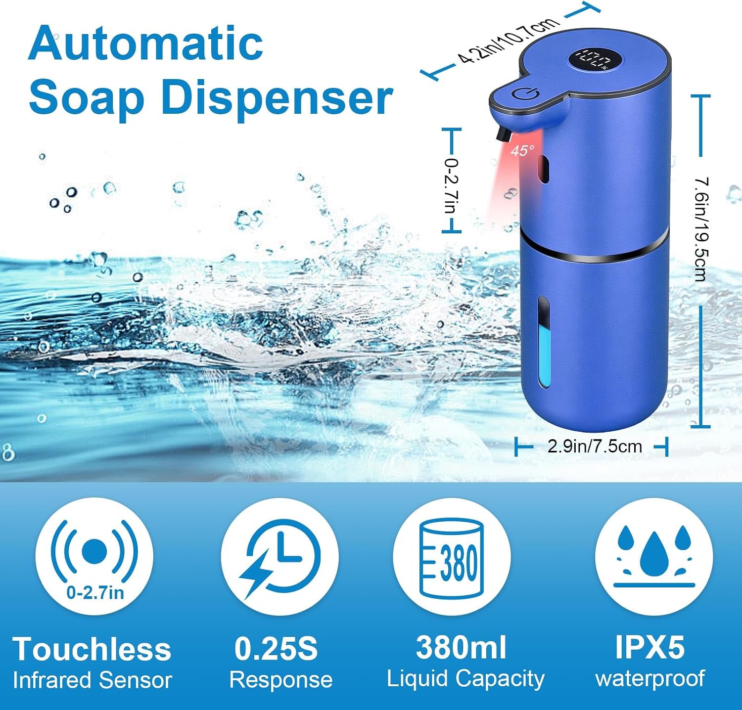 OHIFAST Automatic Foaming Soap Dispenser Touchless, USB Rechargeable Smart Hand Soap Dispenser, 6-Level Adjustable, 12.8oz/380mL Wall Mounted for Bathroom Kitchen Dish Soap-Blue