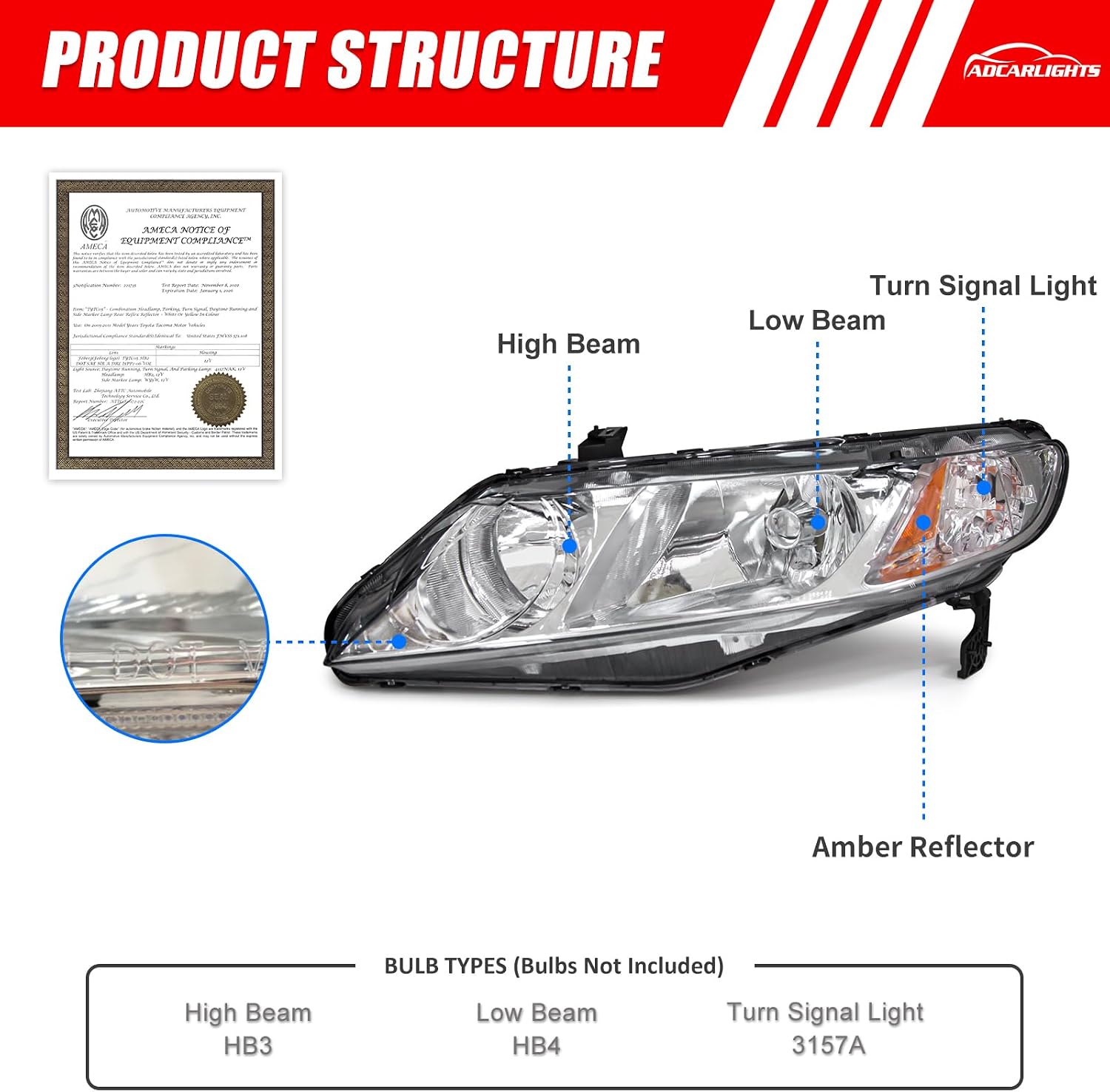 for 2006-2011 Honda Civic Halogen Headlight W/O Bulbs