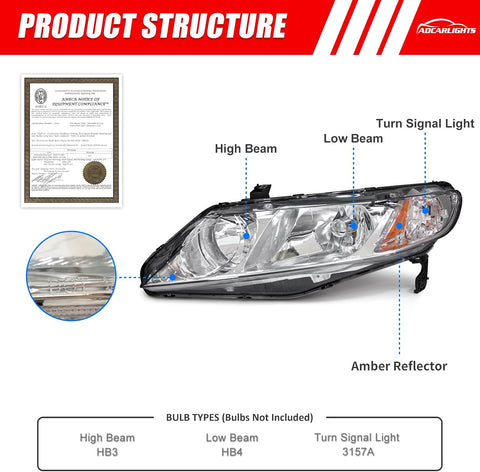 for 2006-2011 Honda Civic Halogen Headlight W/O Bulbs