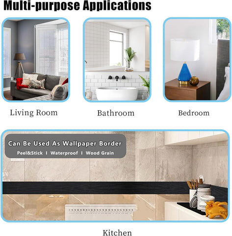 Teemall 10M Black Wood Grain Removable PVC Waterproof Border Wall Decor Removable Self Adhesive Kitchen Bathroom Tiles Sticker Wallpaper 4.2x390 (4inch)