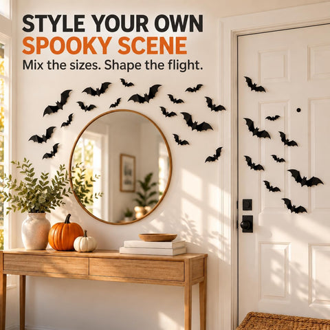 Cleangor 140 PCS Halloween Bat Decorations, 3D Wall Decor, 5 Sizes, Indoor