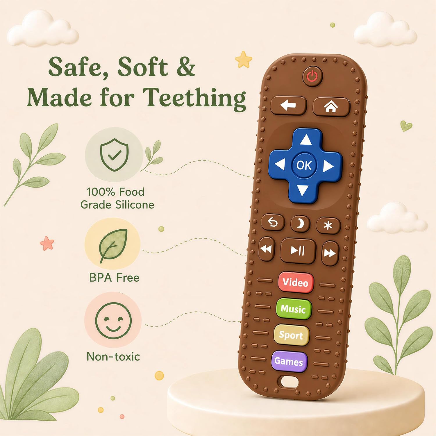 Baby Teething Toys, Remote Control Sensory Teether, Silicone Chew Toy for Teething Relief, BPA-Free Baby Remote Gift for Infants 3-6, 6-12 Months (Brown)