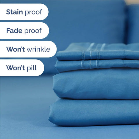 Queen Size 4 Piece Sheet Set - Breathable & Cooling Sheets - Denim Blue