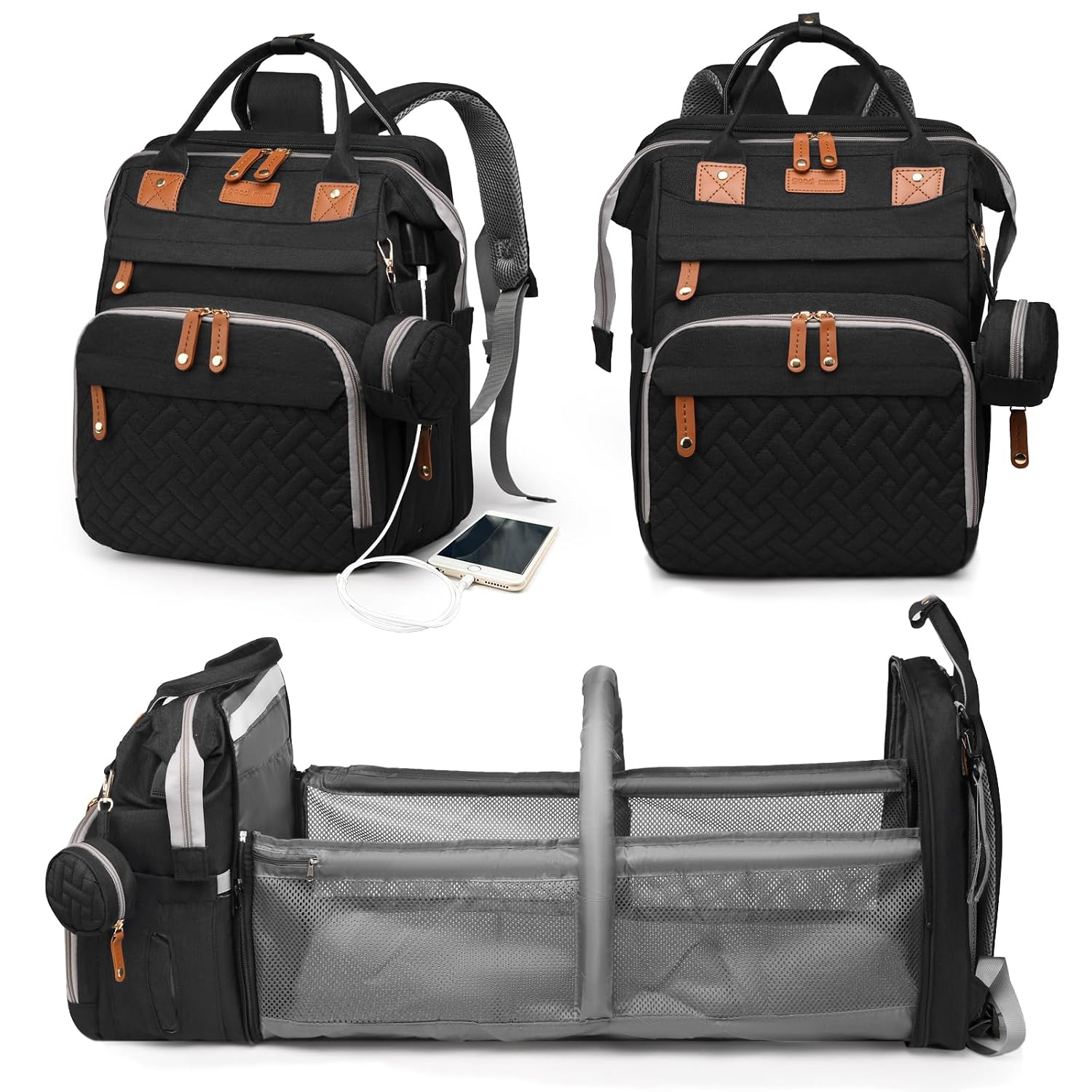 Astro alan Baby Diaper Bag with Changing Station, Waterproof Diaper Bag Backpack for Moms Dads with USB Charging Port, Baby Shower Gifts, Baby essentials, Black