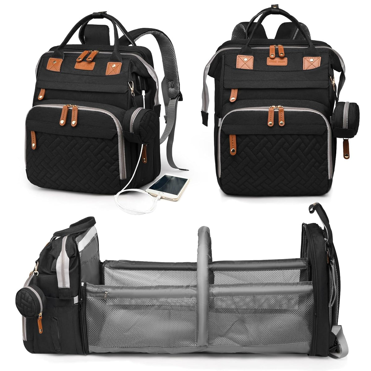 Astro alan Baby Diaper Bag with Changing Station, Waterproof Diaper Bag Backpack for Moms Dads with USB Charging Port, Baby Shower Gifts, Baby essentials, Black