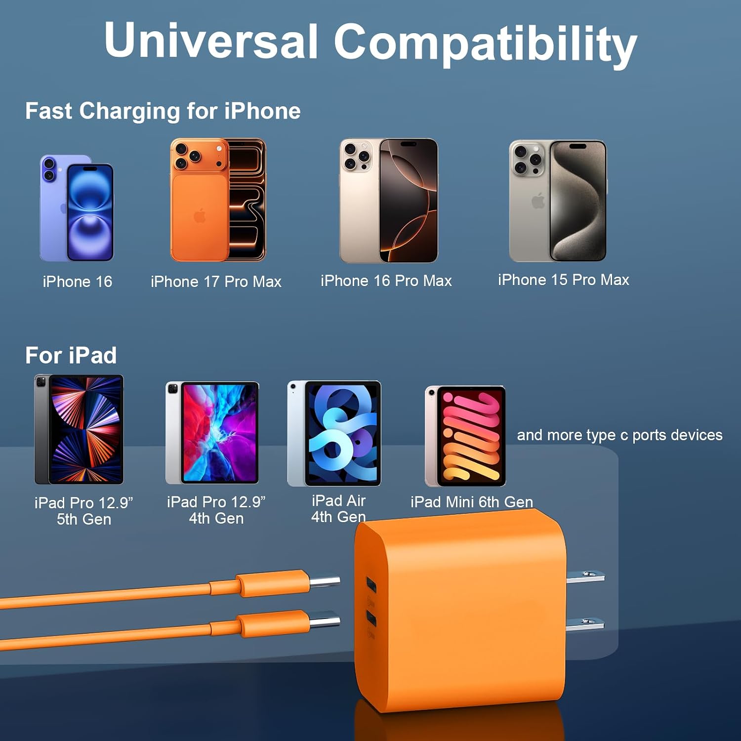 20W Dual Port USB C Charger Block for iPhone 17 16 15 Pro Max Charger Fast Charging with 10FT Long USB C to C Charging Cable Cord for iPhone 17 16 15 Pro Max/17 16 15Pro/15, Android Phone-Orange