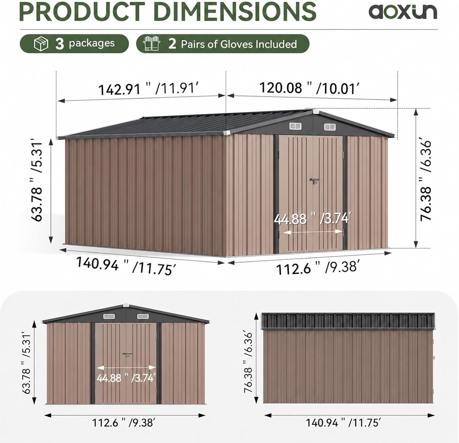 Aoxun10x12 FT Shed Outdoor Storage Shed with Floor Brown