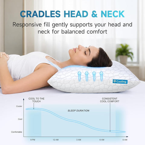 QUTOOL Cooling Pillow for Sleeping, CertiPUR-US Shredded Memory Foam Queen Pillows Set of 2, Cool Pillow for Hot Sleepers Adjustable Firm Pillow for Side, Back, Stomach Sleepers Soft Yet Support,White