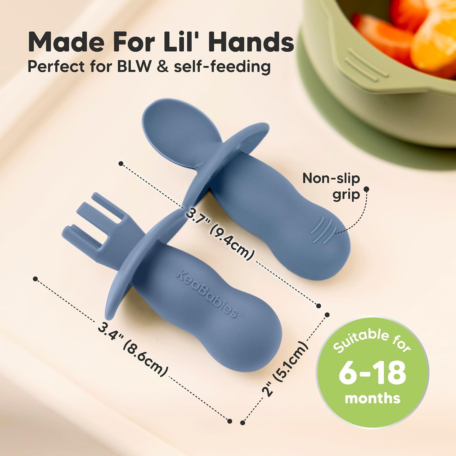 KeaBabies 4-Pack Silicone Baby Spoons and Forks Set, BLW, BPA-Free (Slate)