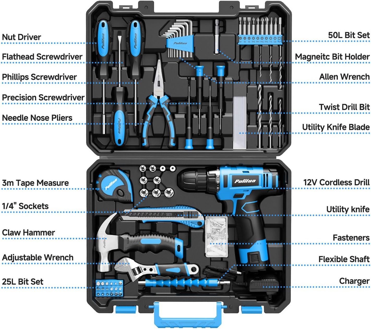 PULITUO Tool Set, 149-Piece Home Drill Set with Blue 12V Cordless Drill, Tool Box, Hand Tool Kits for Women & Men and DIY Enthusiasts, for Home Improvement