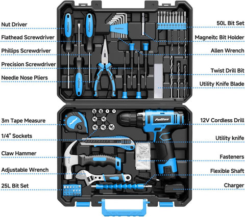 PULITUO Tool Set, 149-Piece Home Drill Set with Blue 12V Cordless Drill, Tool Box, Hand Tool Kits for Women & Men and DIY Enthusiasts, for Home Improvement