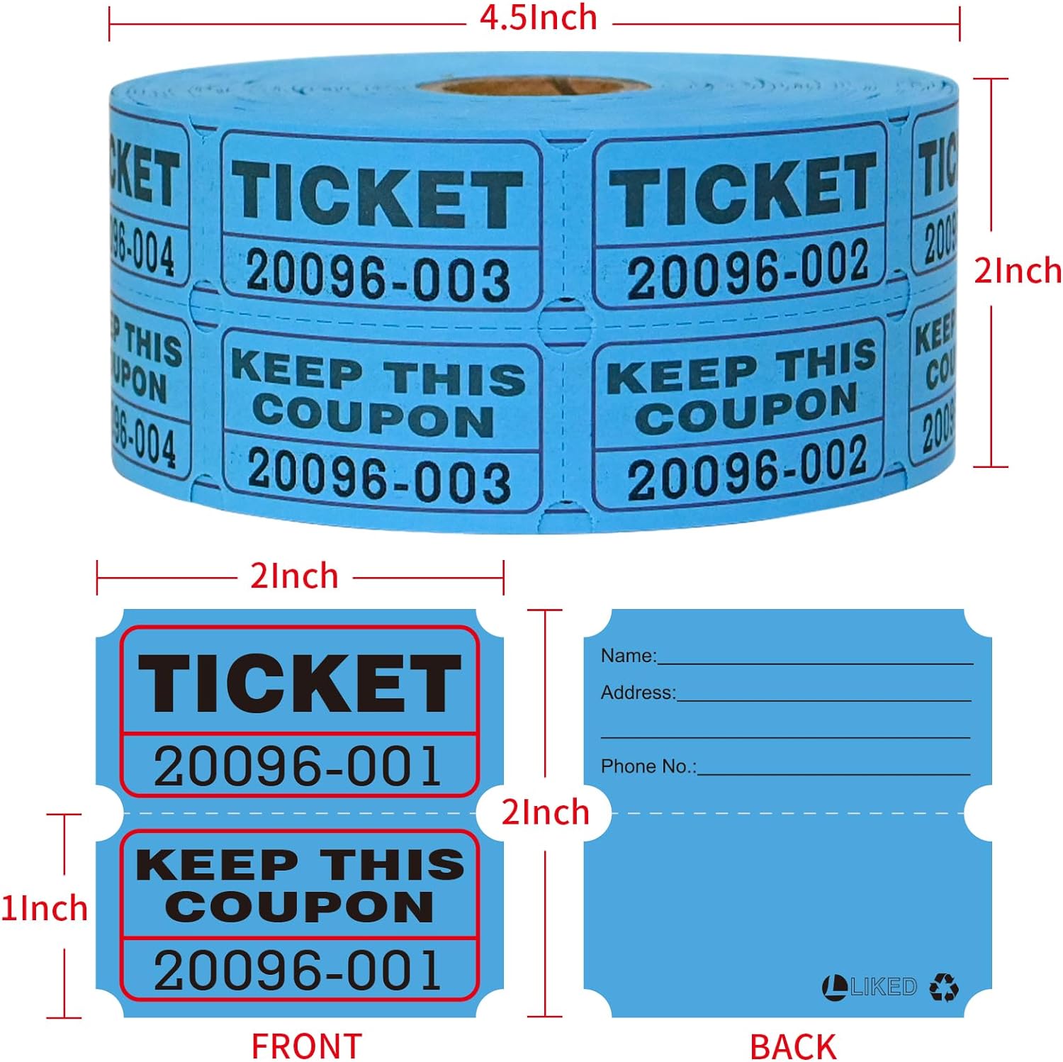 L LIKED Blue Raffle Tickets 2" x 2", Double Roll, 1000 Pairs/Roll