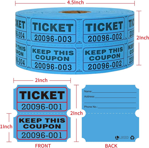 L LIKED Blue Raffle Tickets 2" x 2", Double Roll, 1000 Pairs/Roll