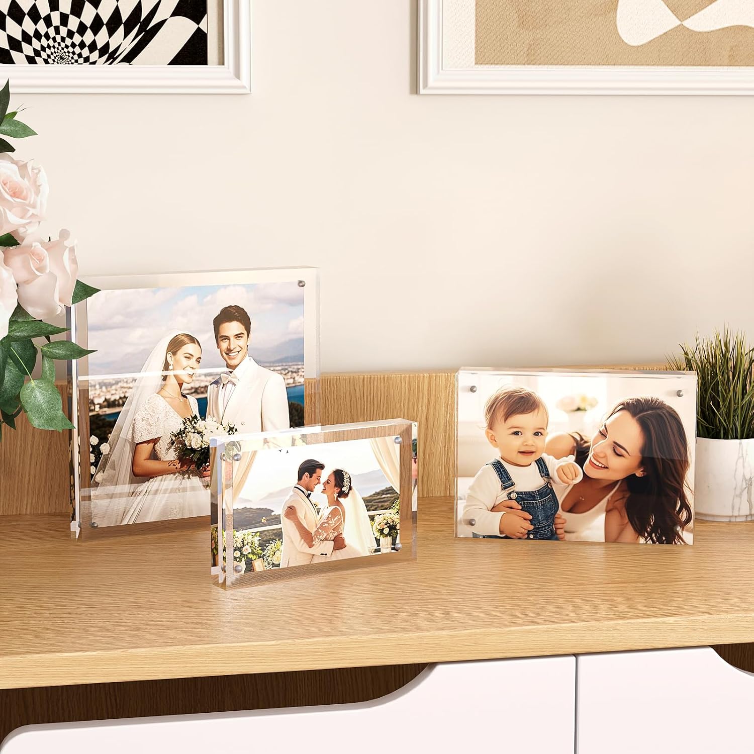 Egofine 8x10 Acrylic Frame, 20mm Thicker Frameless Clear Picture Frame, Double Sided Magnetic Picture Frame, Free Standing Desktop Display