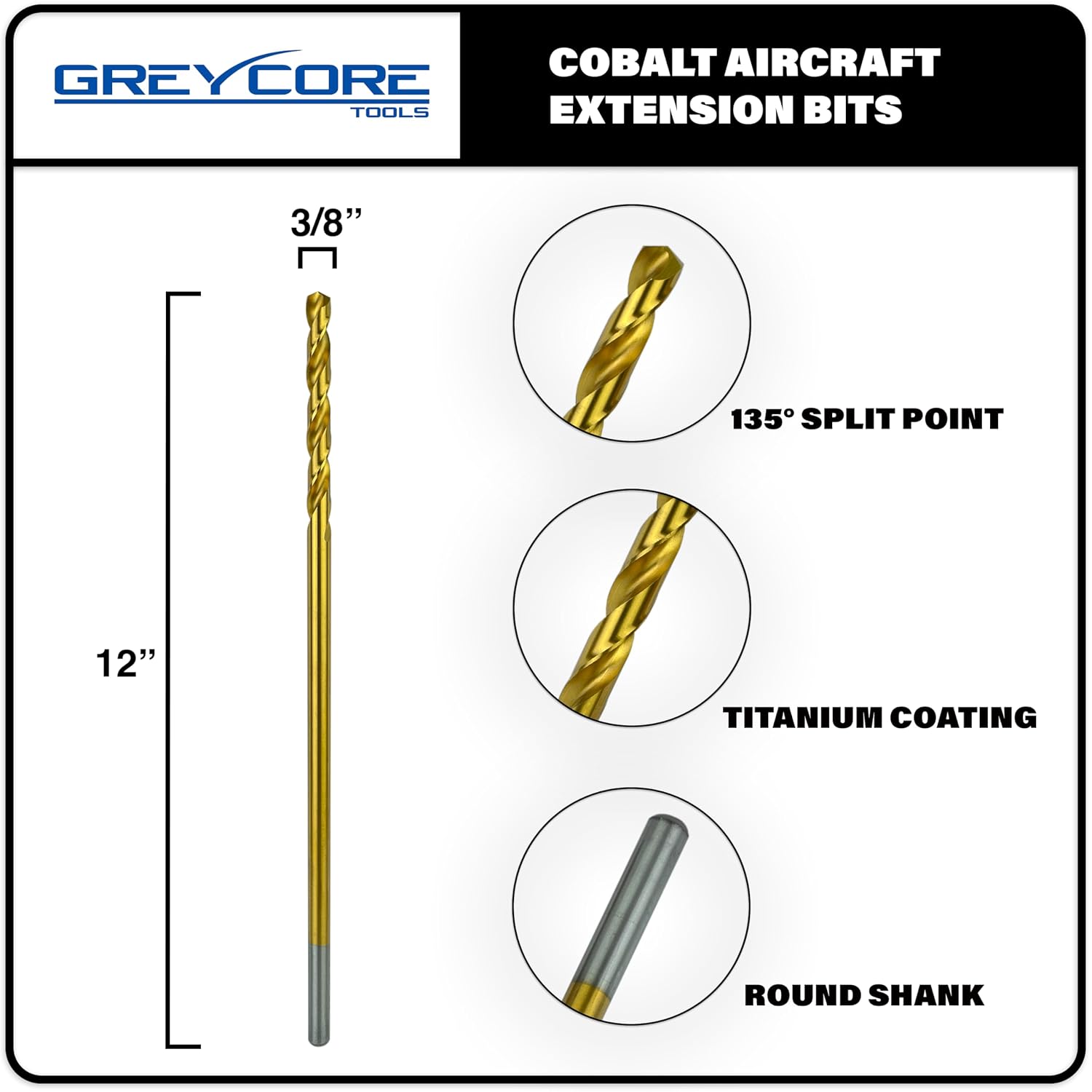 Greycore Tools 3/8 Inch x 12 Inch Cobalt Aircraft Extension Bit – M35 Cobalt Drill Bit, Industrial Titanium Coating – Drill Bits for Steel, Hard Metal, Cast Iron, Wood, Plastic (3/8" x 12")
