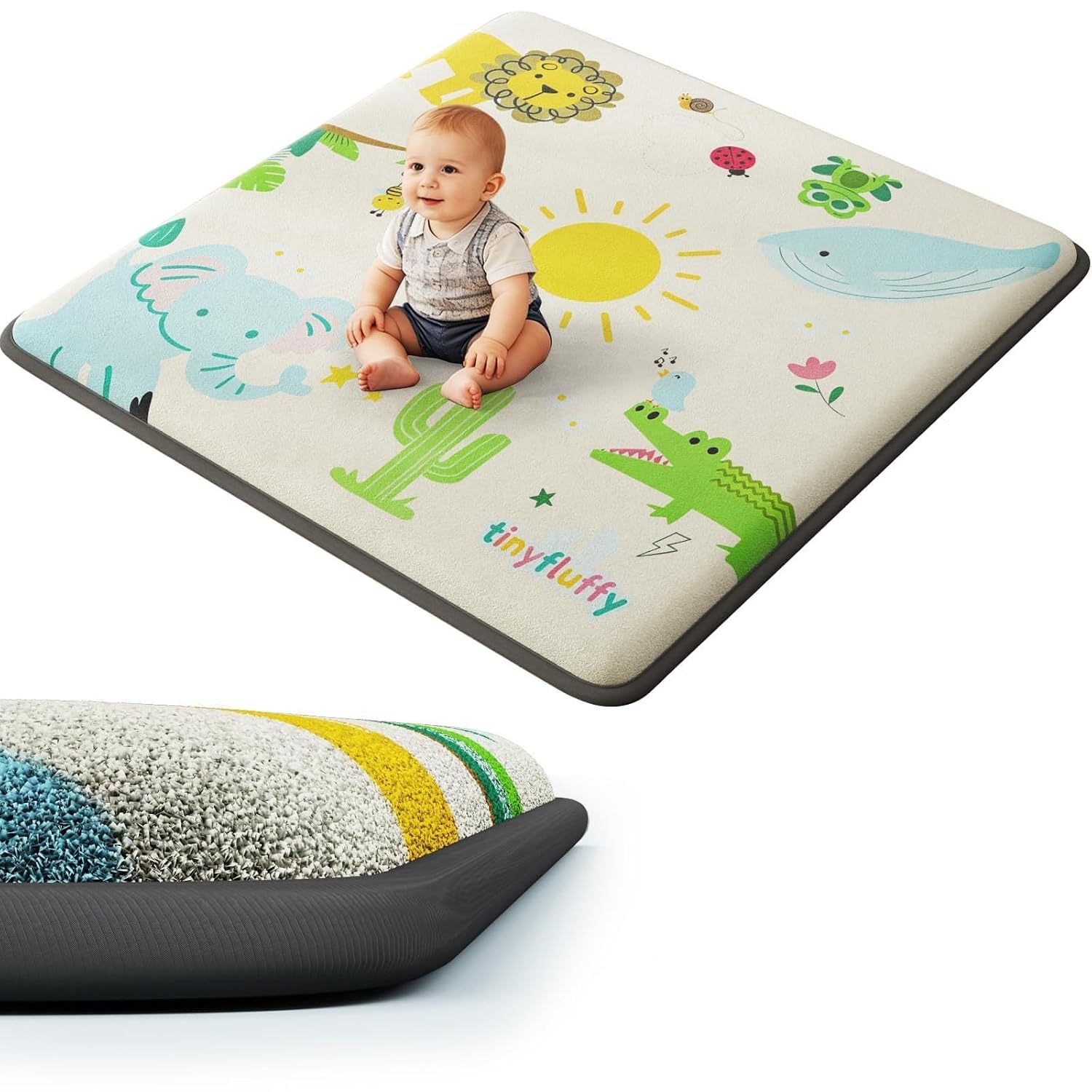 Baby Play Mat for Floor, 1.3" Thick Elasti-Foam Baby Play Mat, 50x50 Playpen Mat for Toddlers Infant kids, Water Repellent Soft Coral Velvet Crawling Mat for Floor, Non-Slip Backing Safe Jungle Safari
