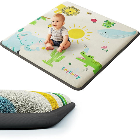 Baby Play Mat for Floor, 1.3" Thick Elasti-Foam Baby Play Mat, 50x50 Playpen Mat for Toddlers Infant kids, Water Repellent Soft Coral Velvet Crawling Mat for Floor, Non-Slip Backing Safe Jungle Safari