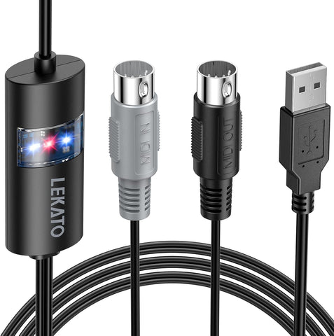 LEKATO USB MIDI Cable, MIDI USB Interface with Input & Output Connecting Piano Keyboard/Synthesizer for Editing & Recording Professional MIDI Cable Adapter with Windows/Mac for Studio -6.5Ft