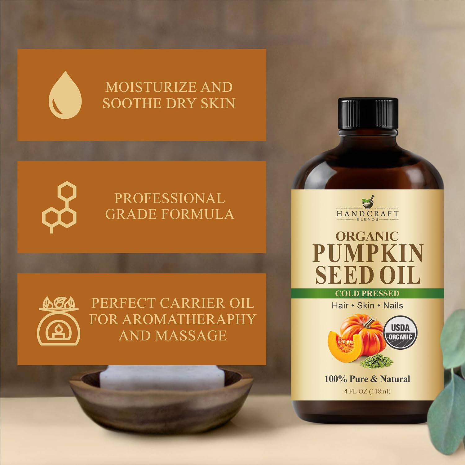 Handcraft Blends Cold-Pressed Organic Pumpkin Seed Oil in Glass Bottle - 4 Fl Oz - 100% Pure and Natural - Premium Grade Carrier Oil for Hair, Skin, Nails - Ayurvedic Skin Care
