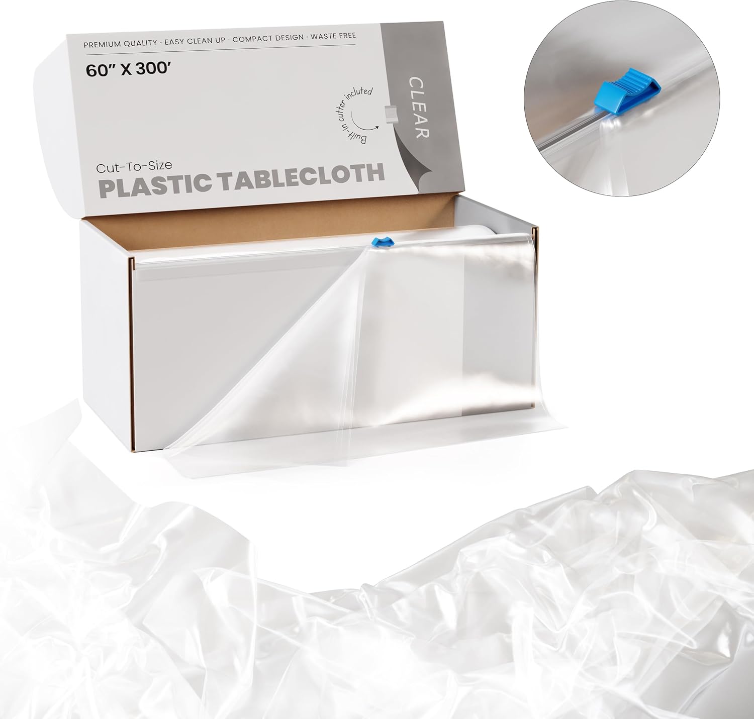 Party Solids 60 Inch X 300 Feet Clear Plastic Table Cover Roll in A Cut - to - Size Box with Convenient Slide Cutter. Cuts Up to 36 Rectangle 8 Feet Plastic Disposable Tablecloths