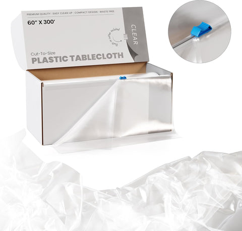 Party Solids 60 Inch X 300 Feet Clear Plastic Table Cover Roll in A Cut - to - Size Box with Convenient Slide Cutter. Cuts Up to 36 Rectangle 8 Feet Plastic Disposable Tablecloths