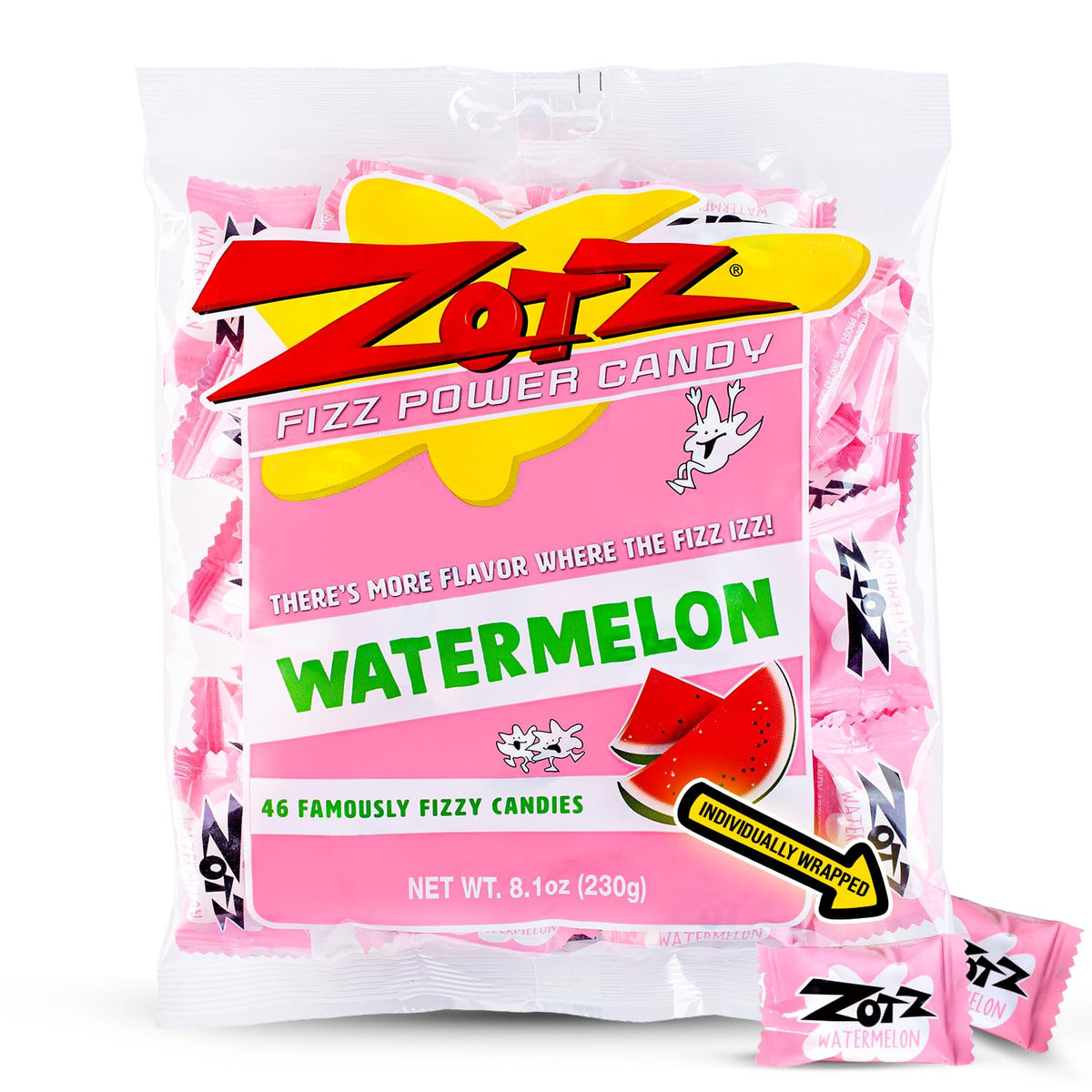 ZOTZ Fizzy Sour Candy Bulk - Retro Italian Hard Candy Individually Wrapped - Classic Nostalgic Watermelon Flavor - 46 Pieces Bag for Party Favors, Goodie Bags, Piñata & Candy Buffet