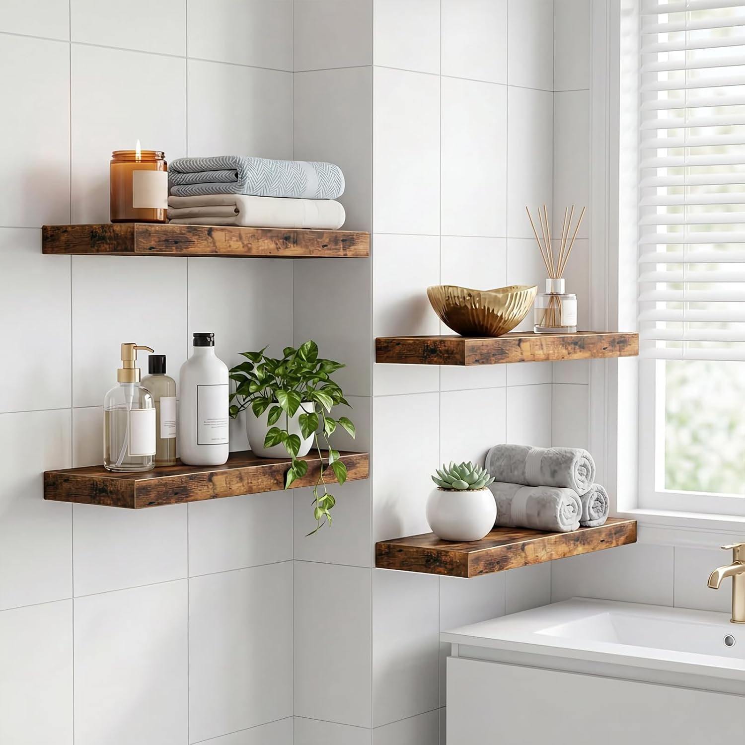 Fixwal Floating Shelves for Wall Decor (Rustic Brown, Set of 4, 15.7 Inch)