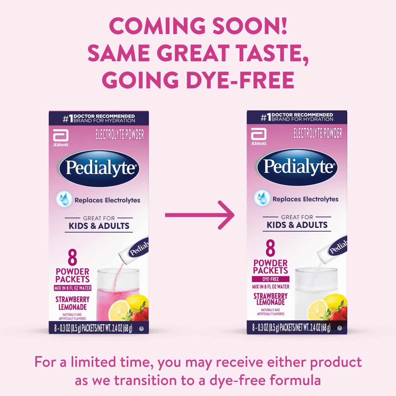 Pedialyte Electrolyte Powder, Hydration Drink for Kids & Adults, Strawberry Lemonade, 8 Powder Packets