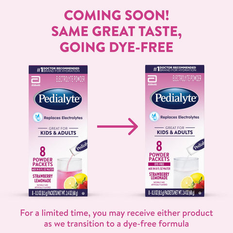 Pedialyte Electrolyte Powder, Hydration Drink for Kids & Adults, Strawberry Lemonade, 8 Powder Packets