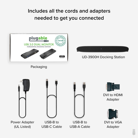 Plugable Universal Docking Station for Windows, MacBook, Chromebook - Dual HDMI Monitors or DVI/VGA, Gigabit Ethernet, Audio, 6 USB Ports (UD-3900H)