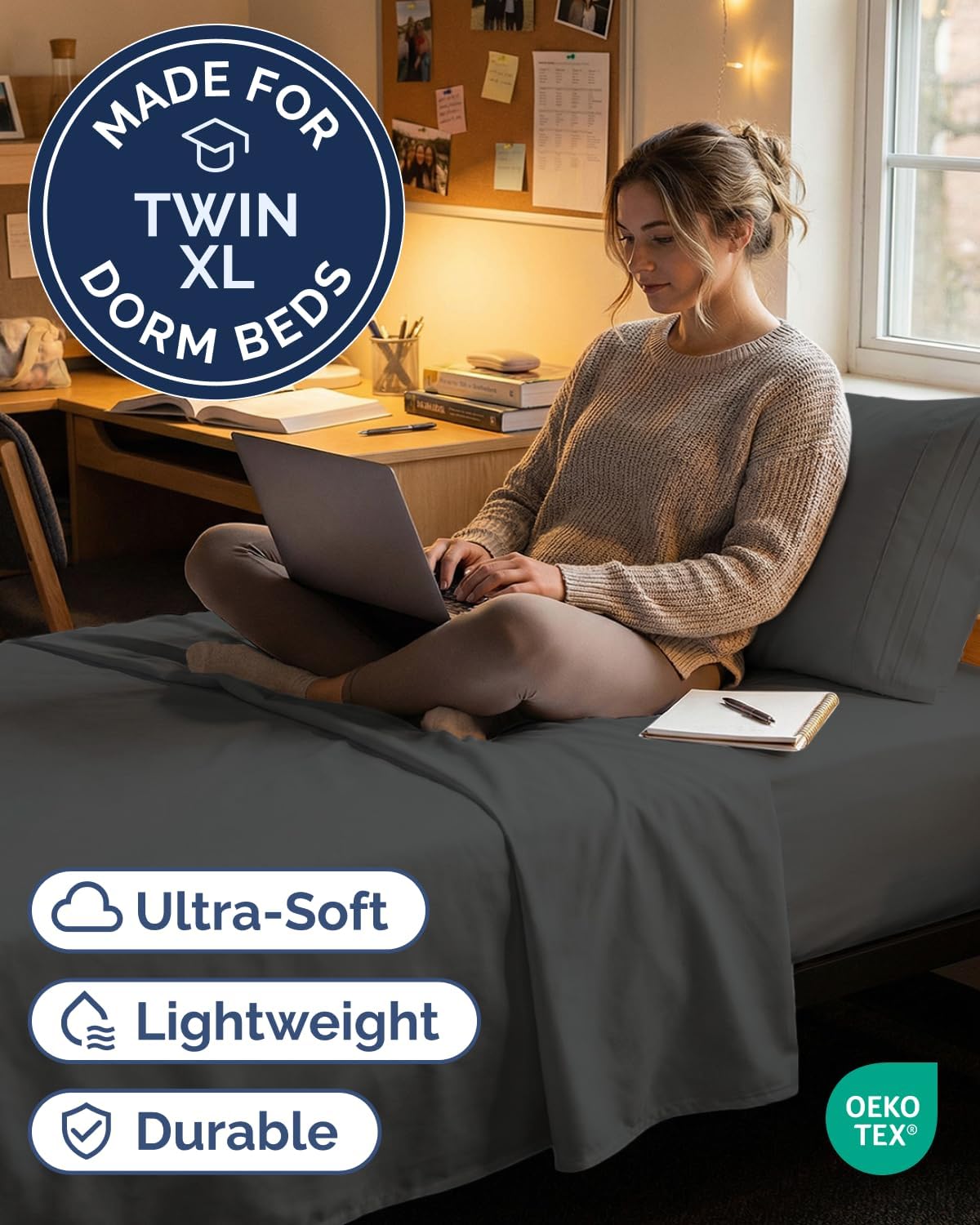 Twin XL 3 Piece Sheet Set - College Dorm Room Essentials - Charcoal