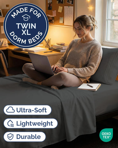 Twin XL 3 Piece Sheet Set - College Dorm Room Essentials - Charcoal
