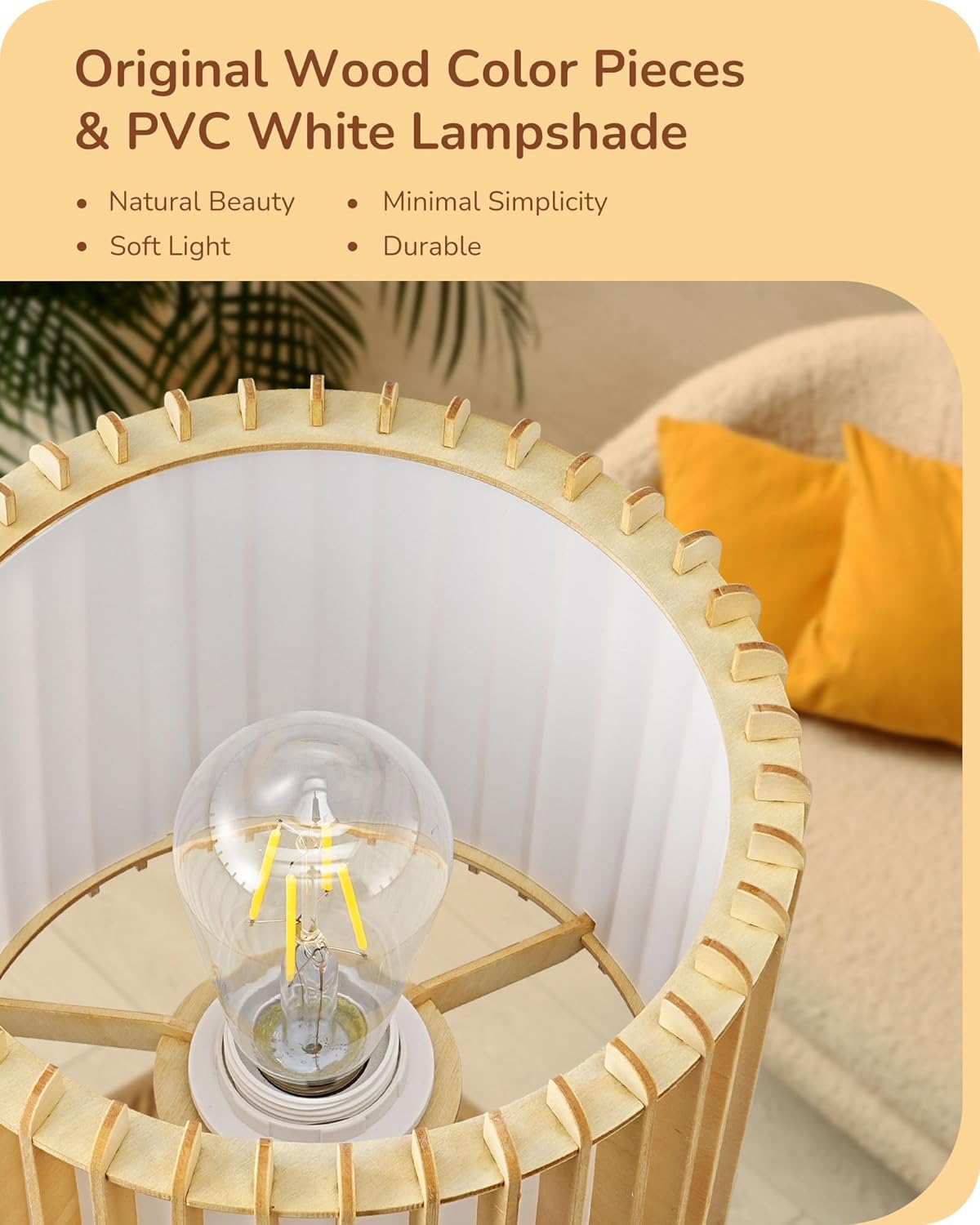 EDISHINE 14.17" Small Table Lamp, Wood-Colored Hollow Shade, E26 Base