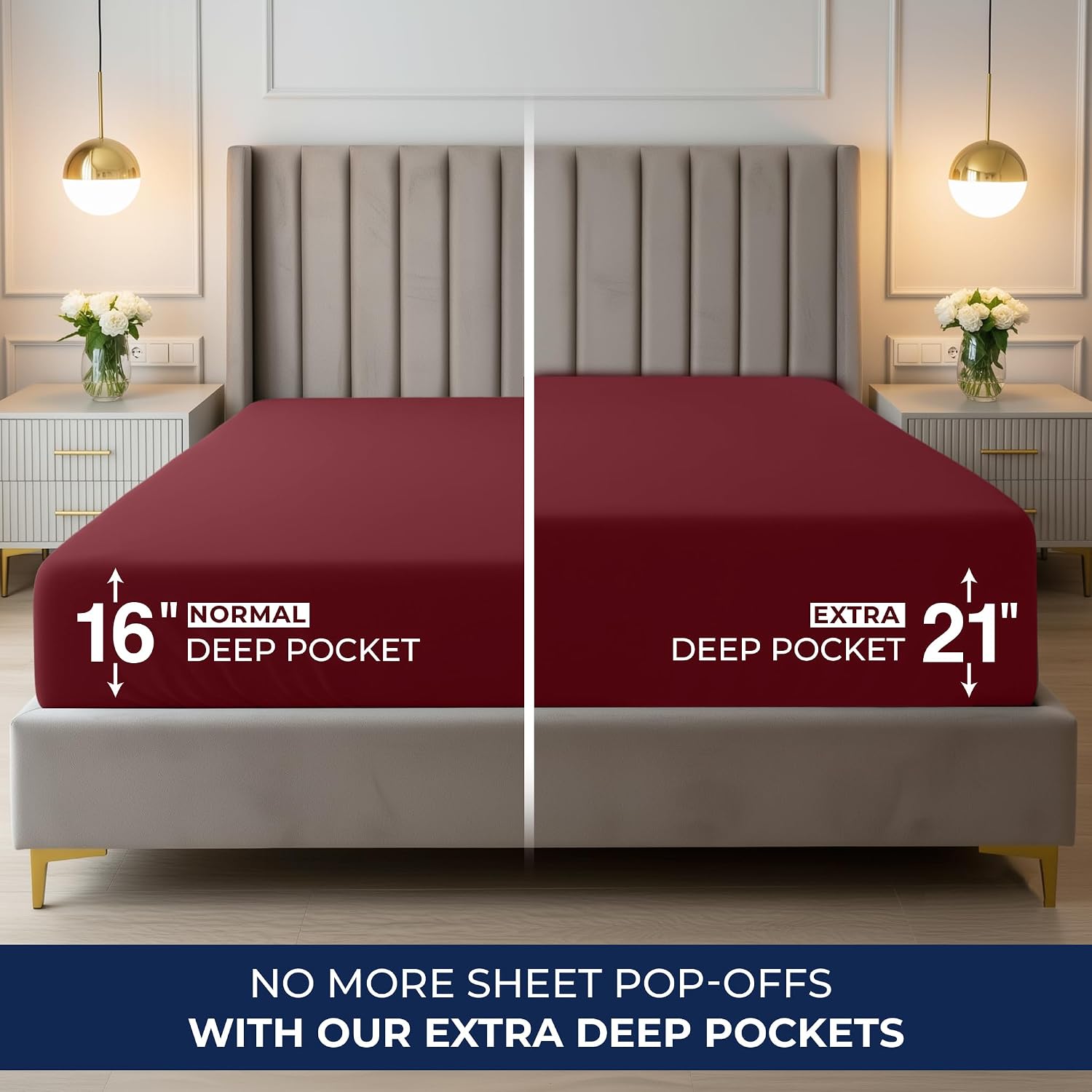 Extra Deep Pocket Queen Fitted Sheet, Fits 16-21 Inch Mattress, Burgundy