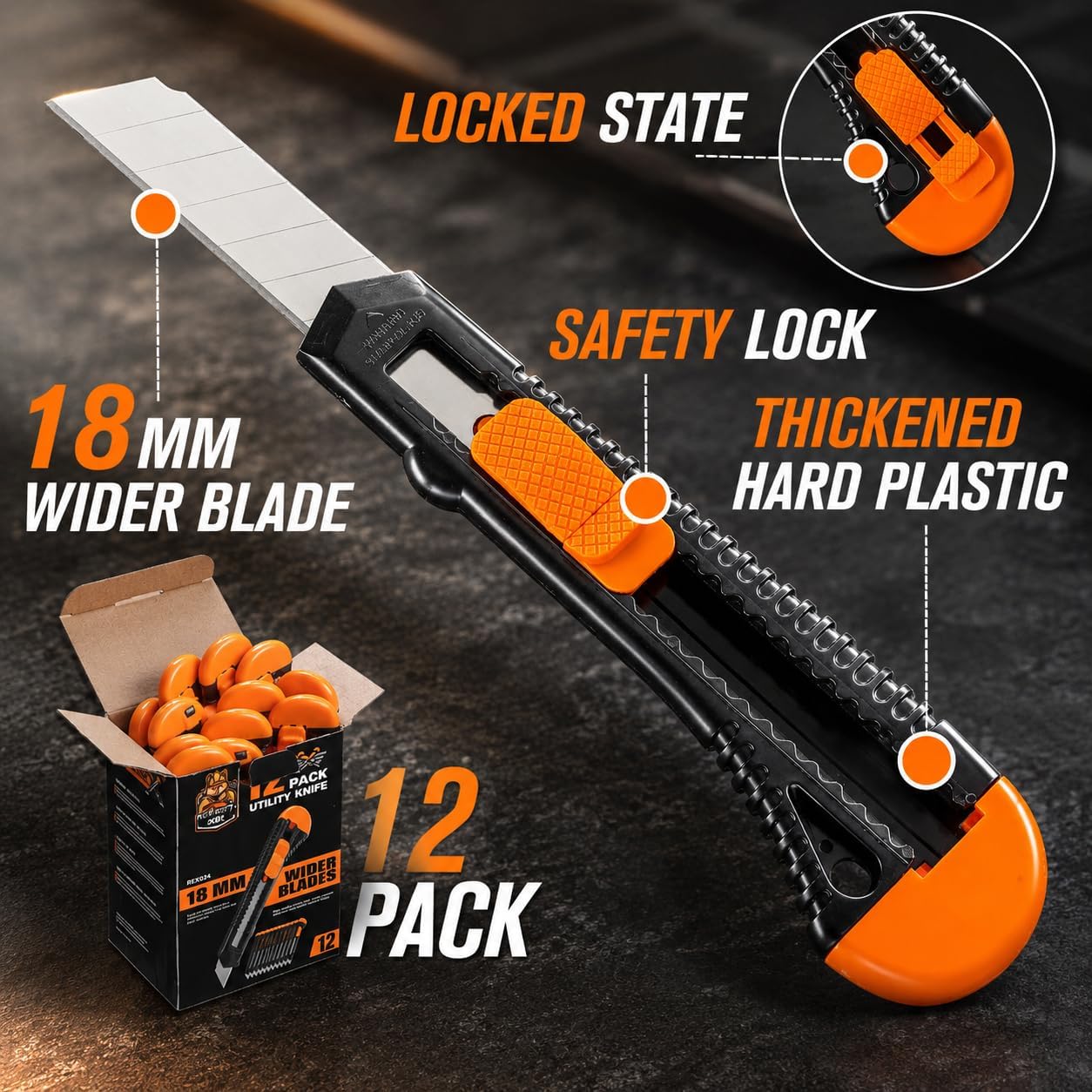 REXBETI 12-Pack Utility Knife, Retractable Box Cutter for Cartons, Cardboard and Boxes, 18mm Wider Razor Sharp Blade, Smooth Mechanism, Perfect for Office and Home use