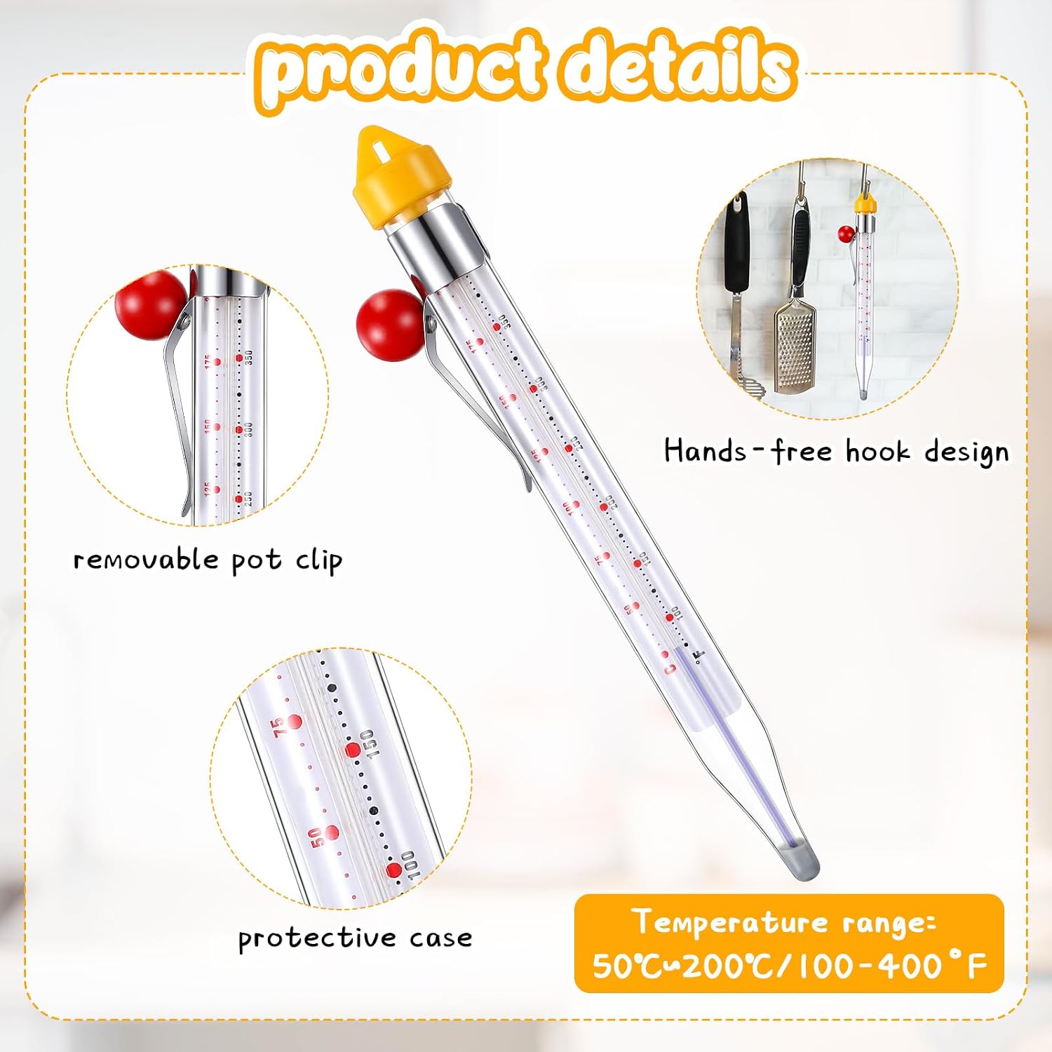 Photect 2 Pcs Candy Thermometer with Pot Clip 8", Yellow