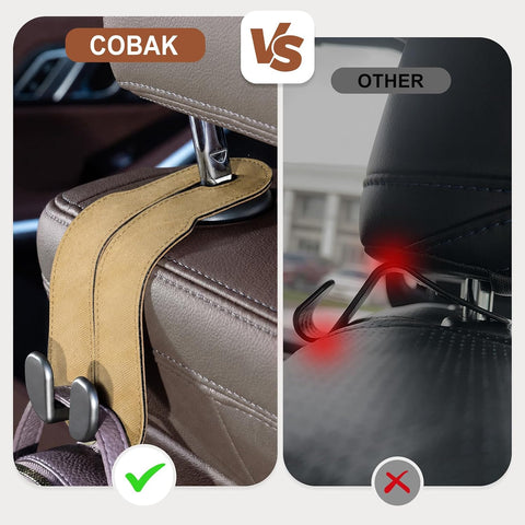 CoBak Purse Hook for Car - Universal Premium Stitched Leather and Aluminum-Magnesium Alloy Double Car Seat Back Storage Hook for Purses, Handbags, Bags (2 Pack),Linen