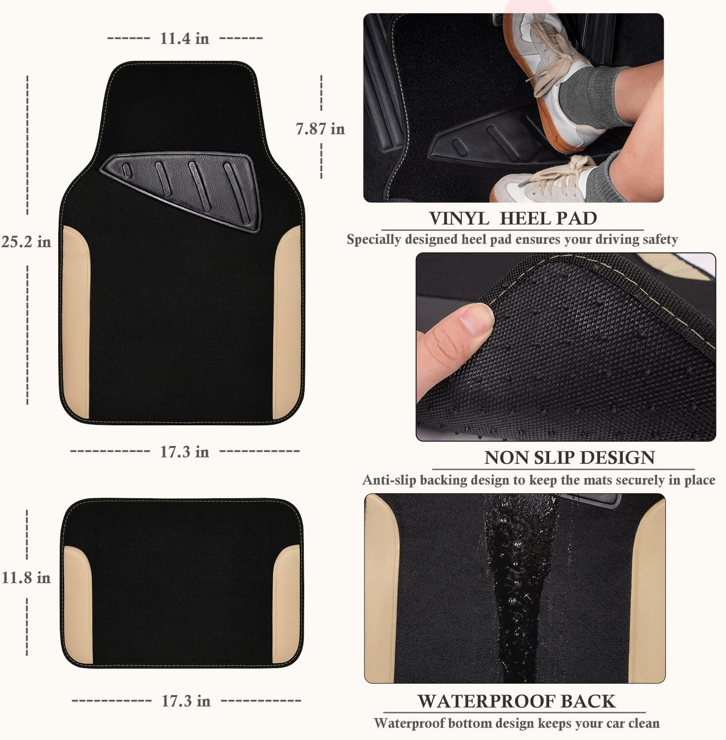CAR PASS Waterproof Car Floor Mat, Universal Fit Car Mats with Driver Heel Pad, Leather Car Carpet, Anti-Slip Nibbed Backing Floor Mats for SUV, Vans,Sedan,Truck, Automotive Floor Mats (Black Beige)